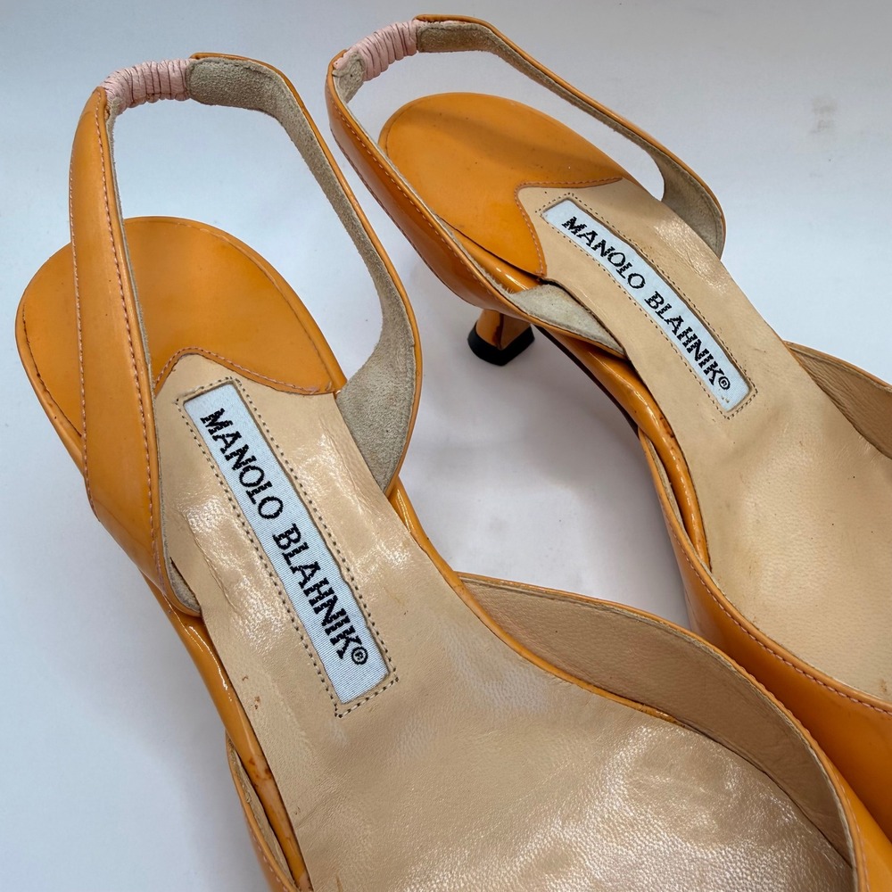 Manolo Blahnik Carolyne Orange Patent Leather Slingback Kitten Heels Size 36.5 - Picture 5 of 13